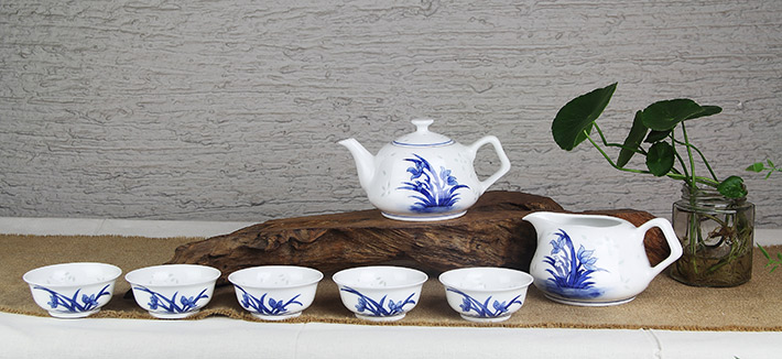 8头玲珑半刀泥青花功夫茶具兰花