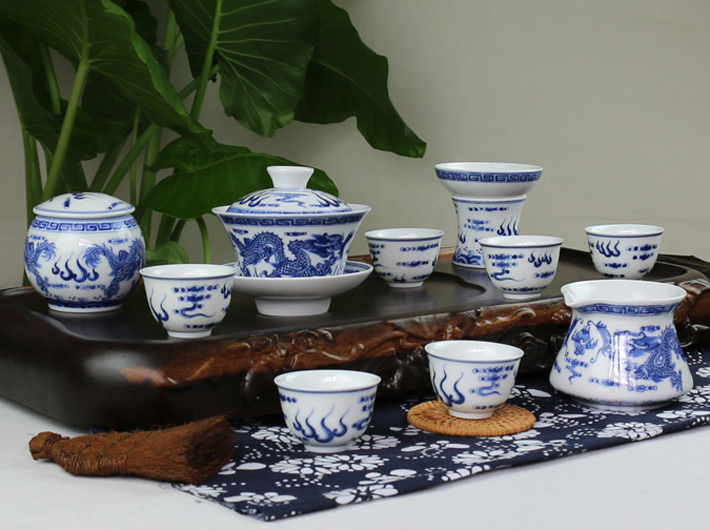 10头手绘功夫茶具双龙戏珠